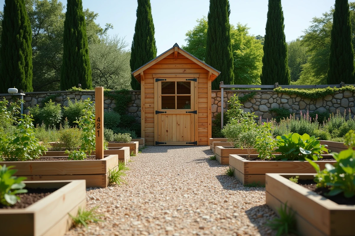 Petit abri de jardin en bois au fond d'un potager avec indication visuelle des dimensions réglementaires sans déclaration préalable