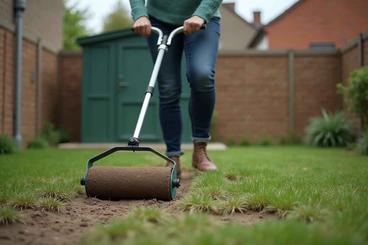 Femme utilisant un aérateur de sol manuel pour préparer une pelouse clairsemée sans labour dans un jardin résidentiel