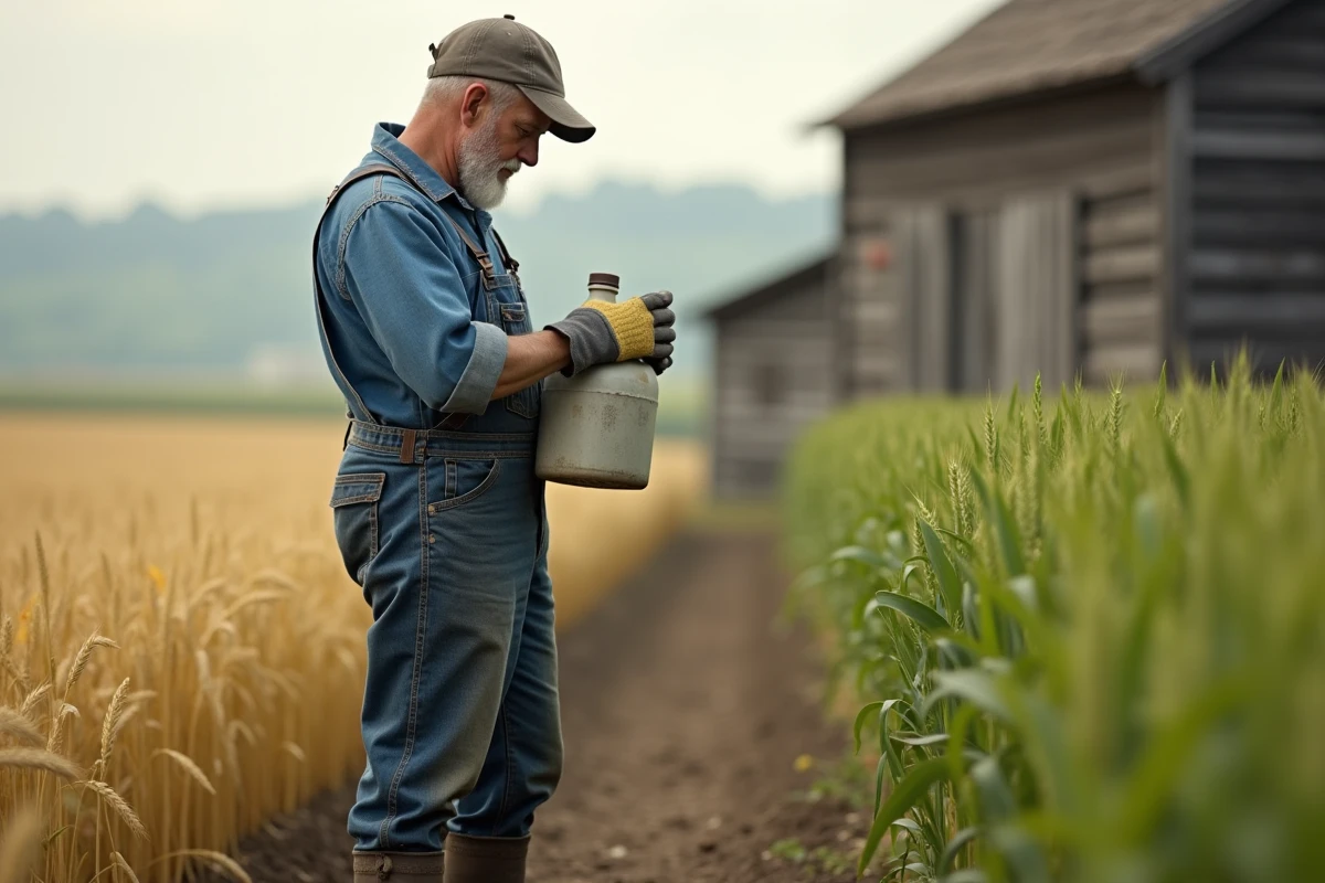 Agriculteur lisant l'étiquette d'un herbicide à base de glyphosate au bord d'un champ de blé en France