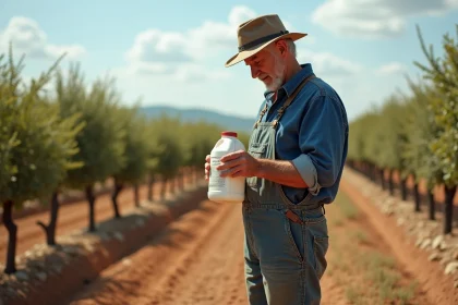 Agriculteur portugais lisant l'étiquette d'un herbicide à base de glyphosate au bord d'un vignoble en Alentejo