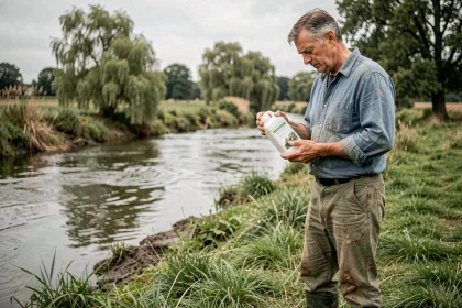 Agriculteur lisant l'étiquette d'un herbicide Roundup 360 Plus au bord d'un cours d'eau en milieu rural