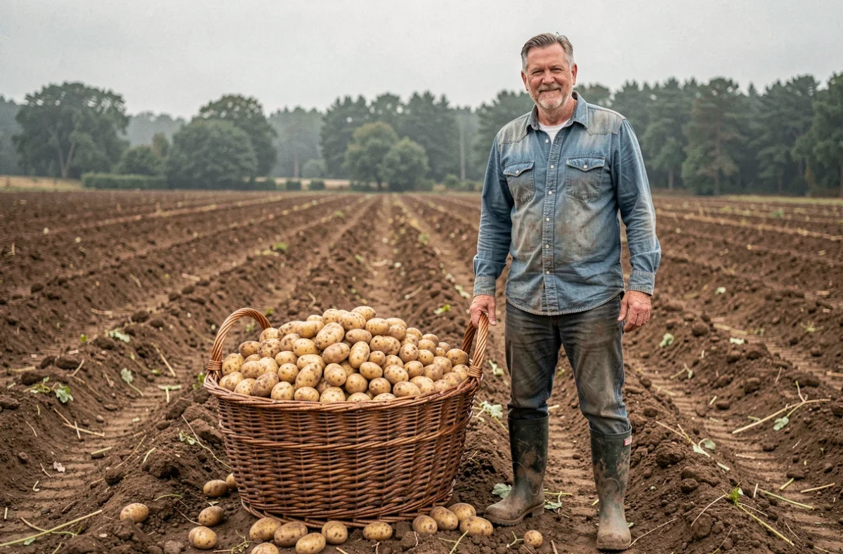 Agriculteur avec un panier de pommes de terre de conservation après la récolte en plein champ