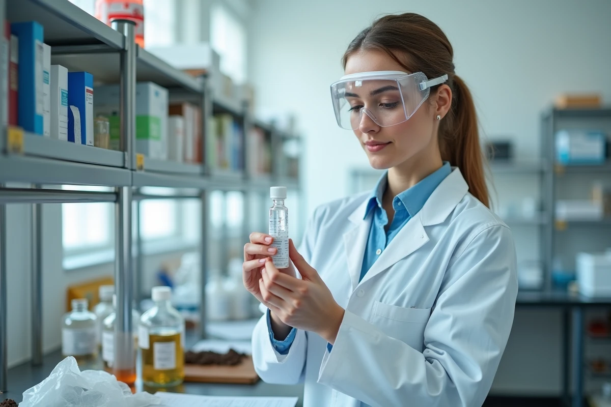 Agronome analysant un échantillon d'herbicide glyphosate dans un laboratoire de recherche agricole