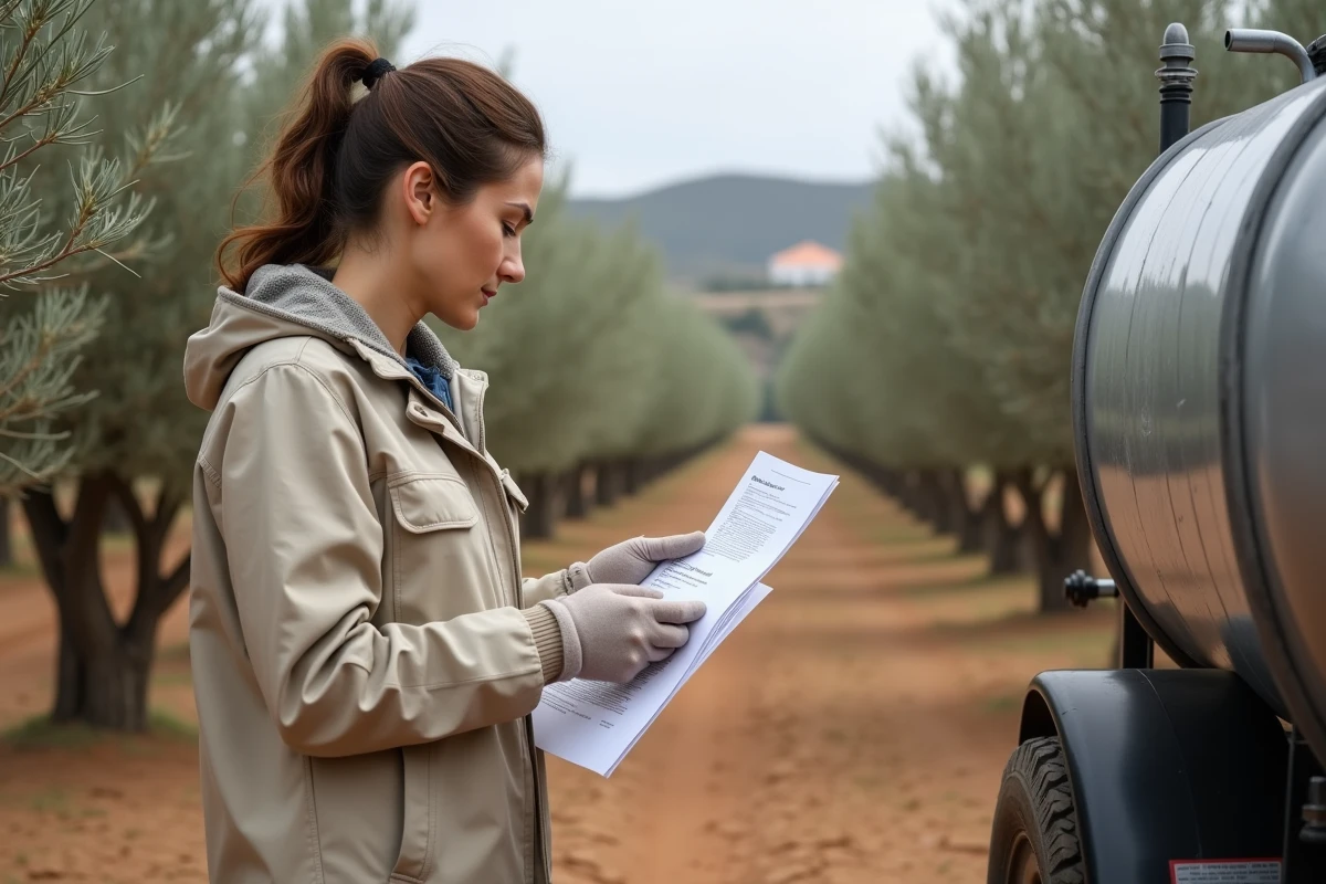 Agronome féminine consultant une fiche technique de glyphosate 360 près d'un pulvérisateur agricole dans une oliveraie portugaise