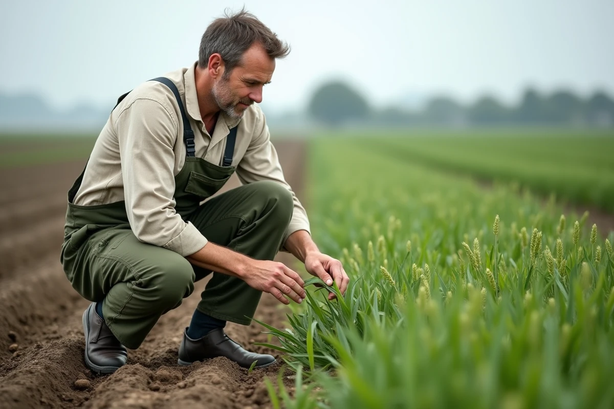 Agronome examinant des mauvaises herbes C3 comme la moutarde sauvage dans un champ de céréales