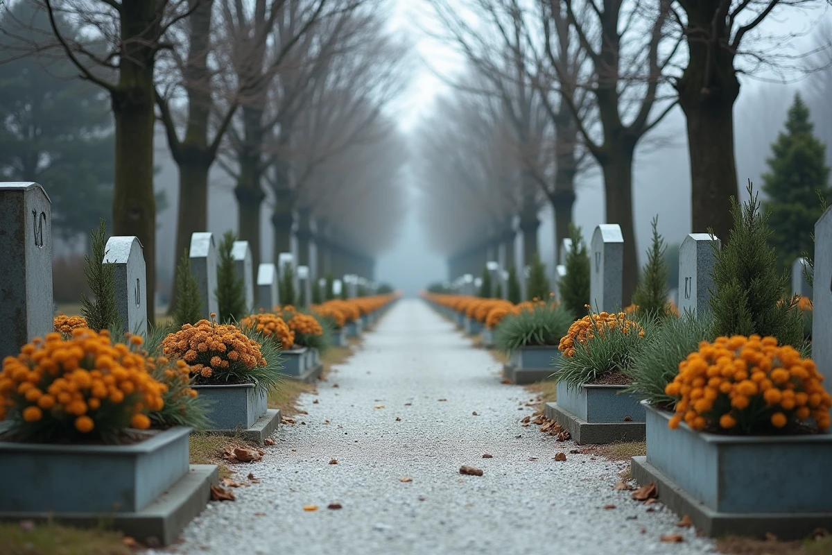 Allée de cimetière en hiver avec des tombes ornées de plantes résistantes au froid dans des jardinières en zinc