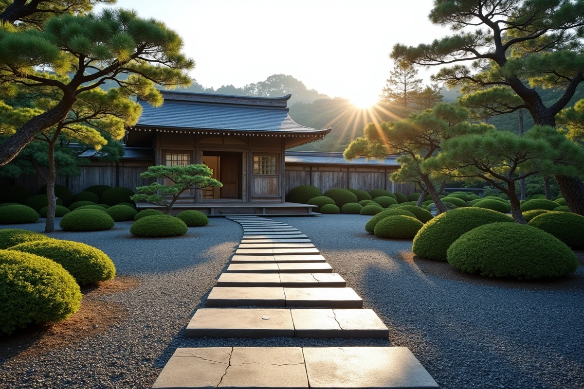 Allée en pierres plates d'un jardin japonais exposé au sud avec haies de genévriers et maison de thé en bois sous des cerisiers ornementaux