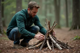 Homme accroupi en forêt arrangeant des brindilles pour allumer un feu de camp