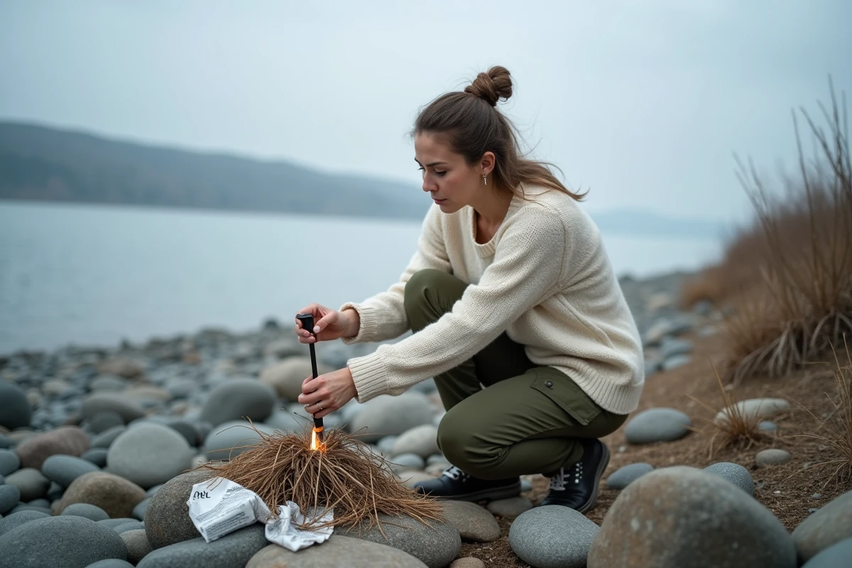 Femme utilisant un briquet à silex pour allumer un feu au bord d'un lac