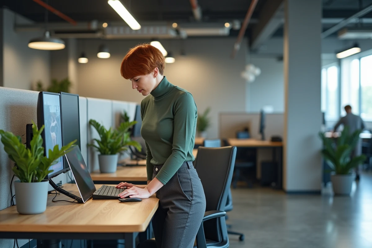 Consultante en aménagement de bureau organisant des postes de travail modulables dans un open space moderne