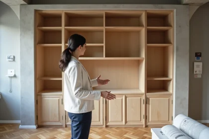 Designer d'intérieur supervisant un aménagement d'espace ouvert avec étagères en chêne et sol en parquet