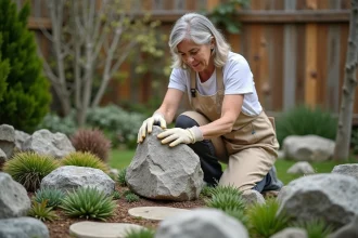 Femme aménageant un massif rocailleux avec des plantes alpines et des pierres calcaires dans un jardin