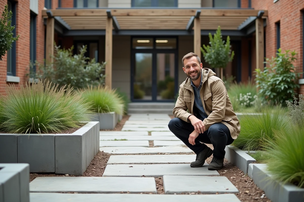 Architecte paysagiste examinant un aménagement de cour urbaine avec allée en pierre et pergola en bois