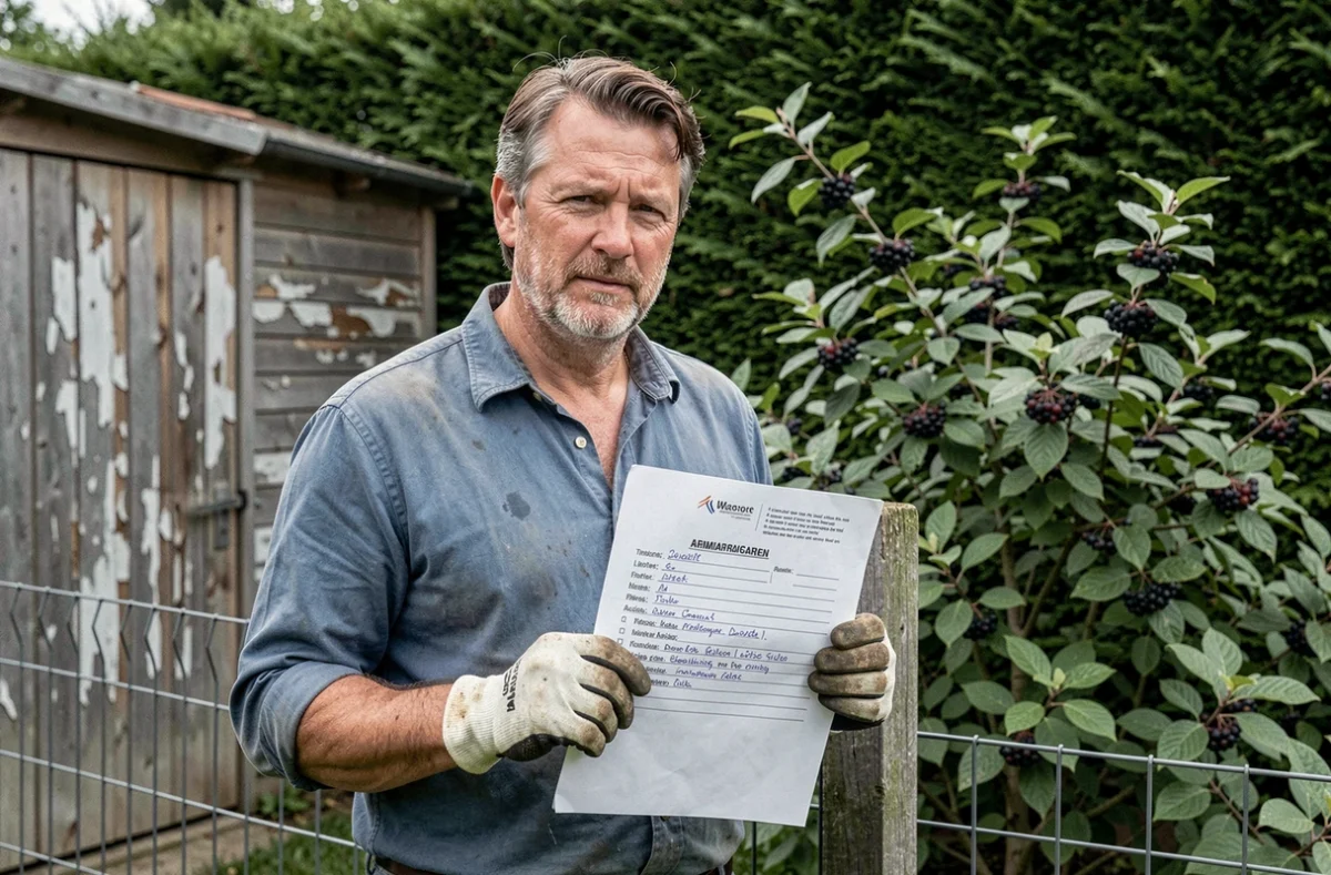 Homme tenant un avis administratif devant des buissons de sureau dans un jardin