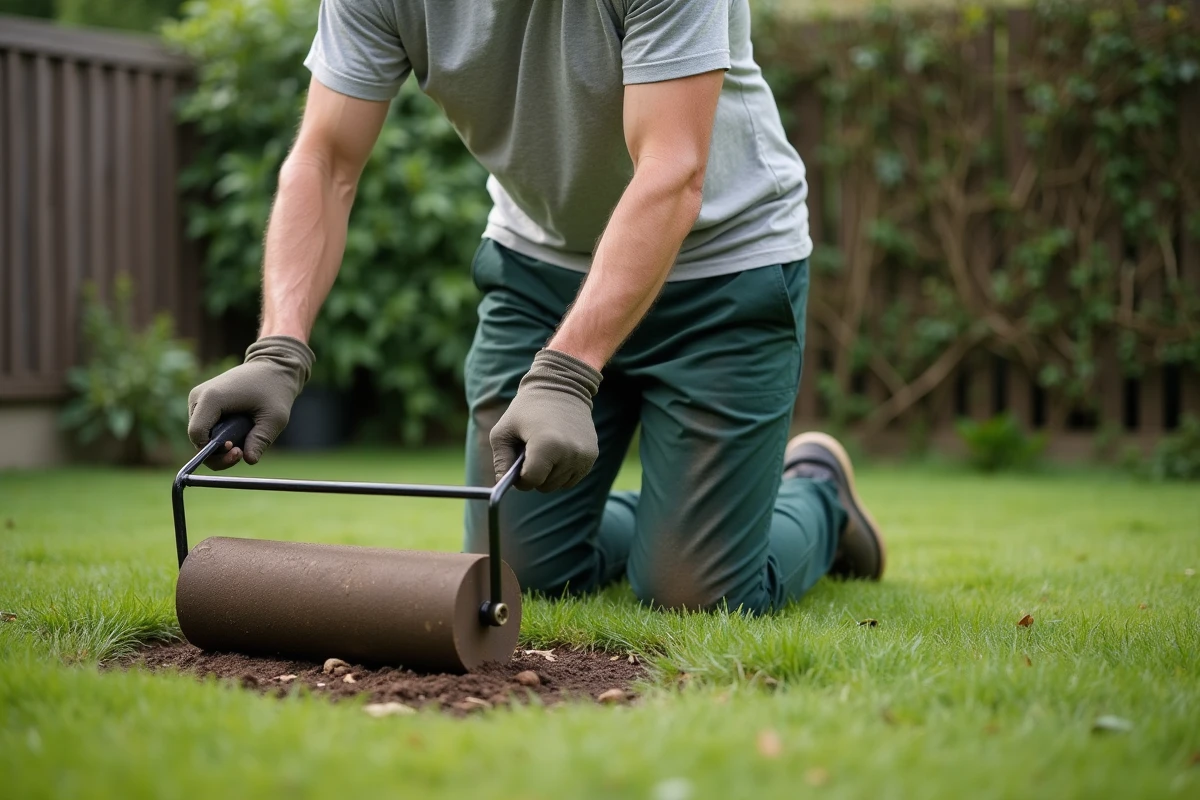 Homme aplatissant une pelouse irrégulière avec un rouleau de jardin manuel dans un jardin résidentiel