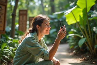 Femme utilisant l'application PlantNet pour identifier une plante dans un jardin botanique
