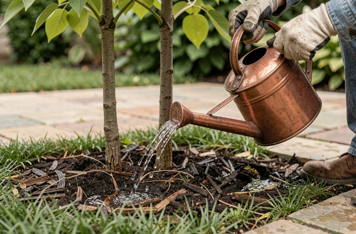 Arrosage au pied d'un catalpa boule avec un arrosoir en cuivre