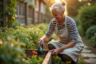 Femme arrosant ses plants de tomates avec un arrosoir au lever du soleil dans un potager avec rosée matinale