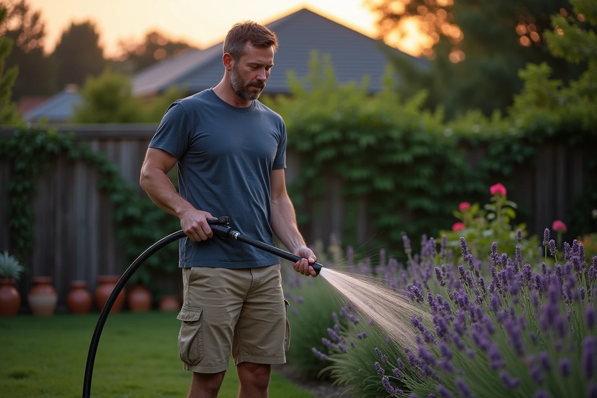 Homme arrosant un massif de lavande et de roses avec un tuyau d'arrosage dans un jardin de banlieue au crépuscule
