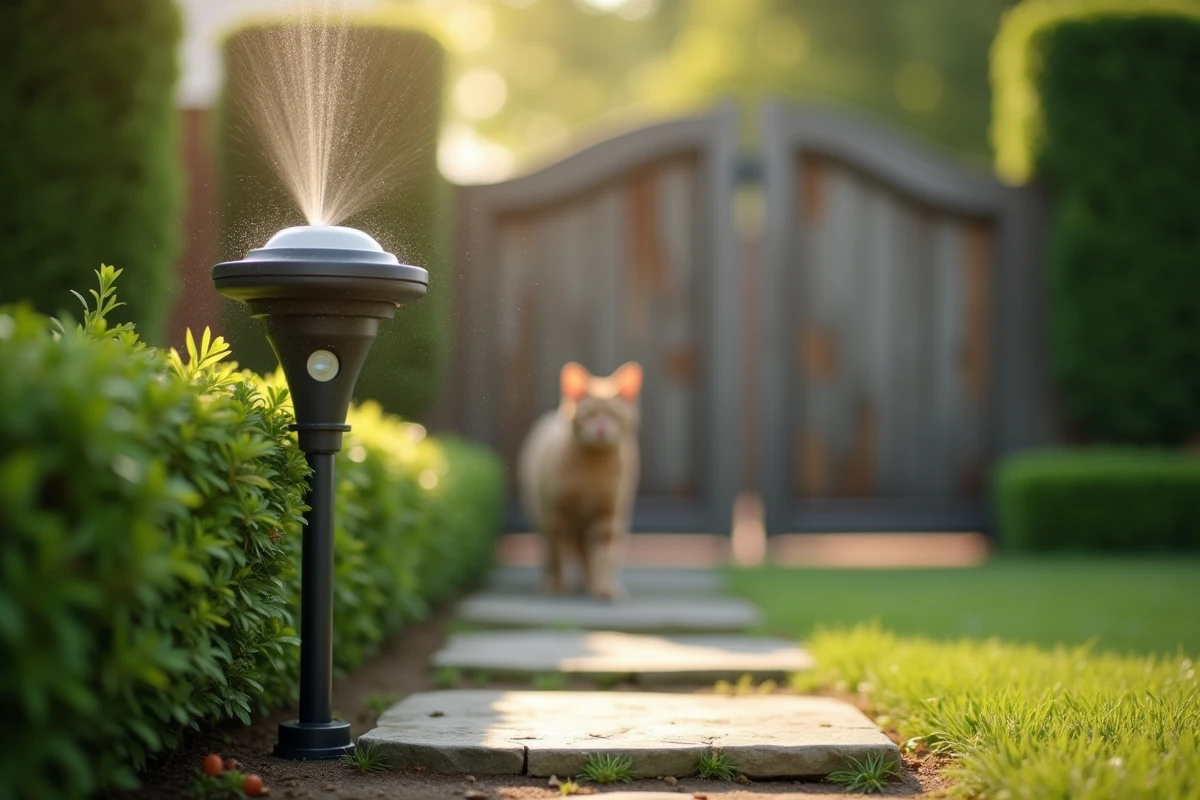 Arroseur automatique anti-chat installé en bordure de jardin avec des gouttes d'eau visibles pour dissuader les chats