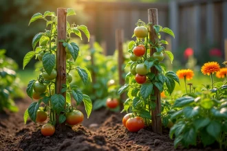 Jardin potager avec plants de tomates accompagnés de basilic, œillets d'Inde et carottes en association végétale
