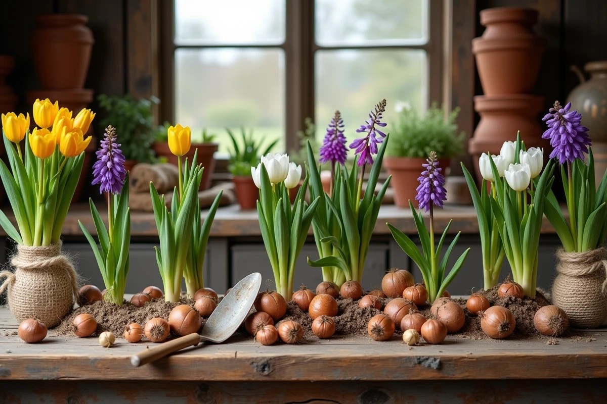 Assortiment de bulbes de printemps disposés sur une table en bois rustique avec outils de jardinage