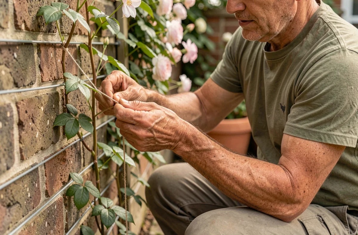 Jardinier attachant délicatement des tiges de clématite sur des fils tendus le long d'un mur de jardin pour une exposition durable
