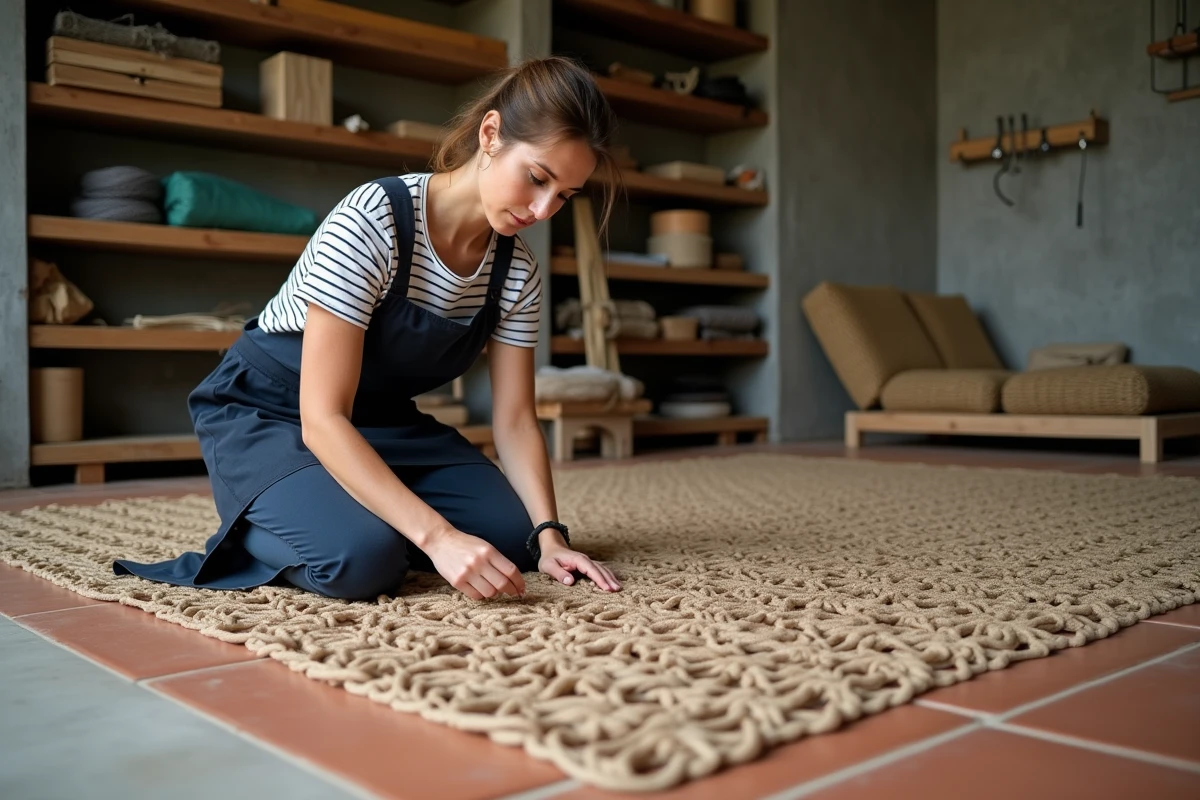 Femme attachant un filet en nylon sur le sol d'un atelier avec une corde de bordure