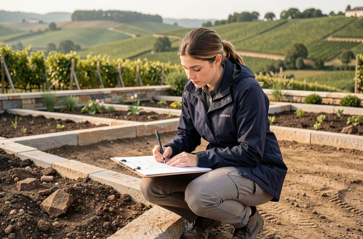 Paysagiste d'Avenir Paysage dessinant un plan de création paysagère sur un chantier en Côte-d'Or avec les collines de Bourgogne en arrière-plan