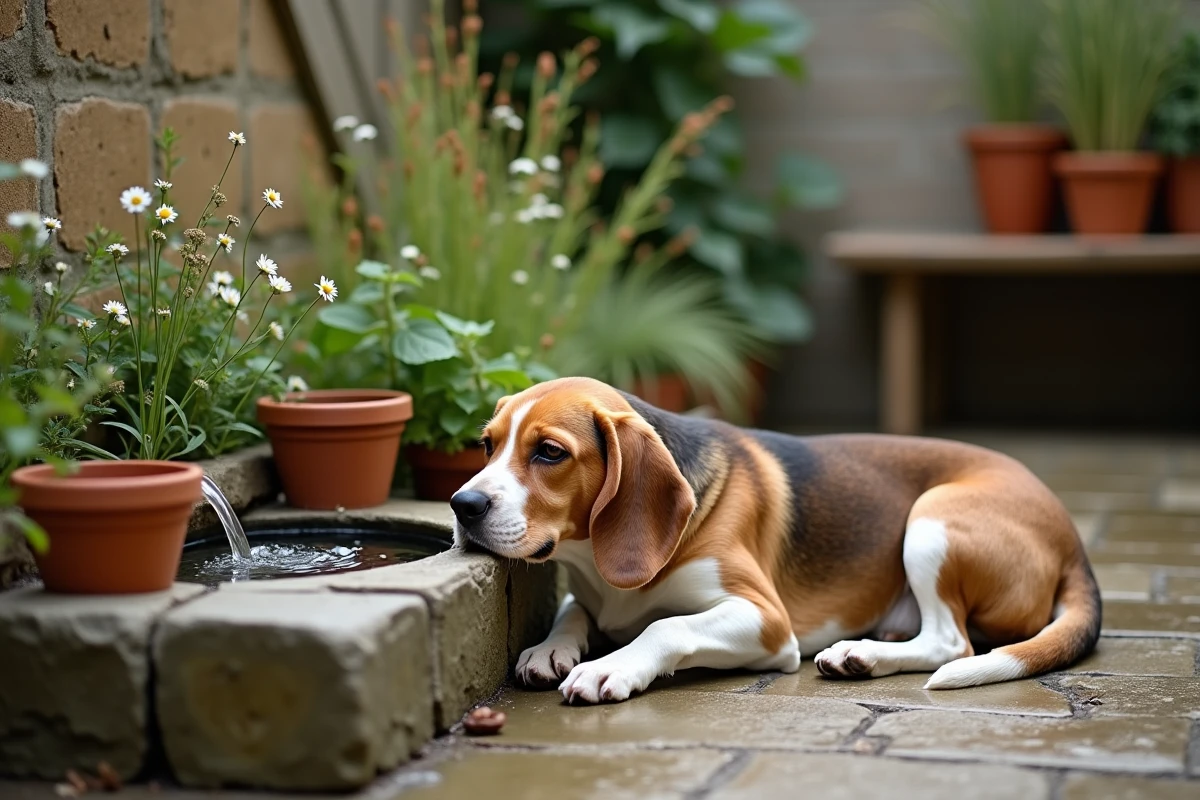 Vieux beagle se reposant près d'un point d'eau dans un coin sensoriel de jardin entouré de plantes aromatiques et de végétation douce