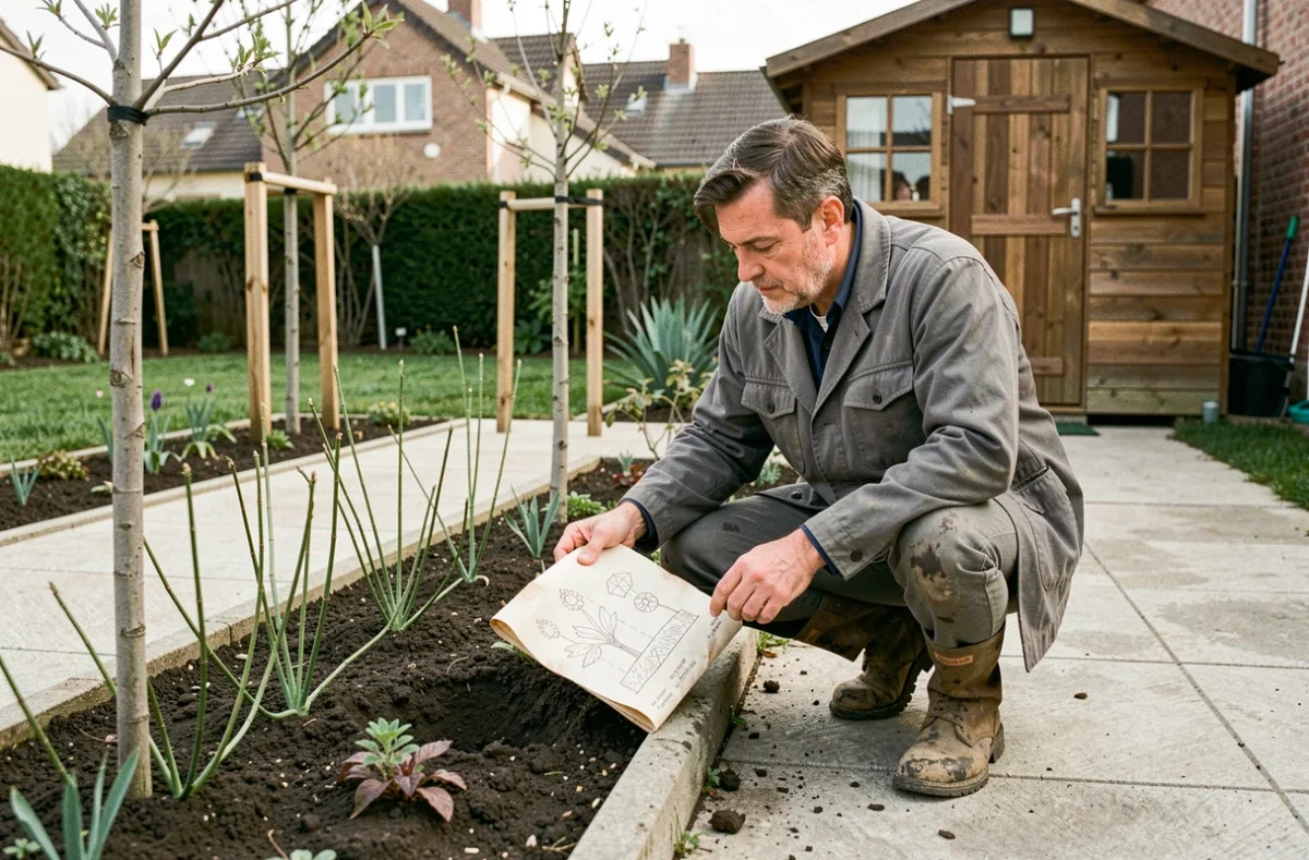 Frédéric Bontemps paysagiste consultant un plan de jardin lors d'une création en banlieue parisienne
