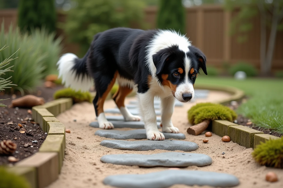 Border collie explorant un parcours sensoriel avec différentes textures de sol — galets, mousse et sable — dans un jardin pour chiens