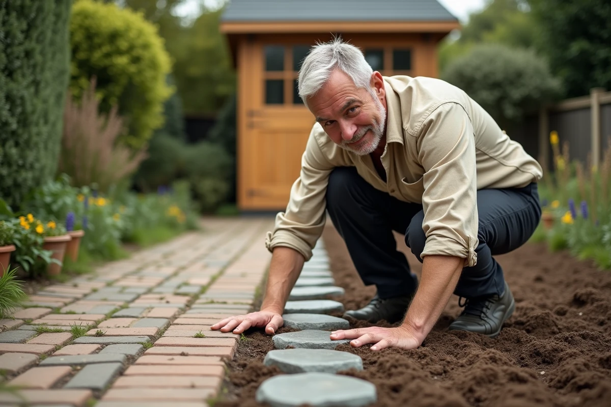 Homme délimitant un parterre de fleurs avec des pierres de rivière dans un jardin organisé