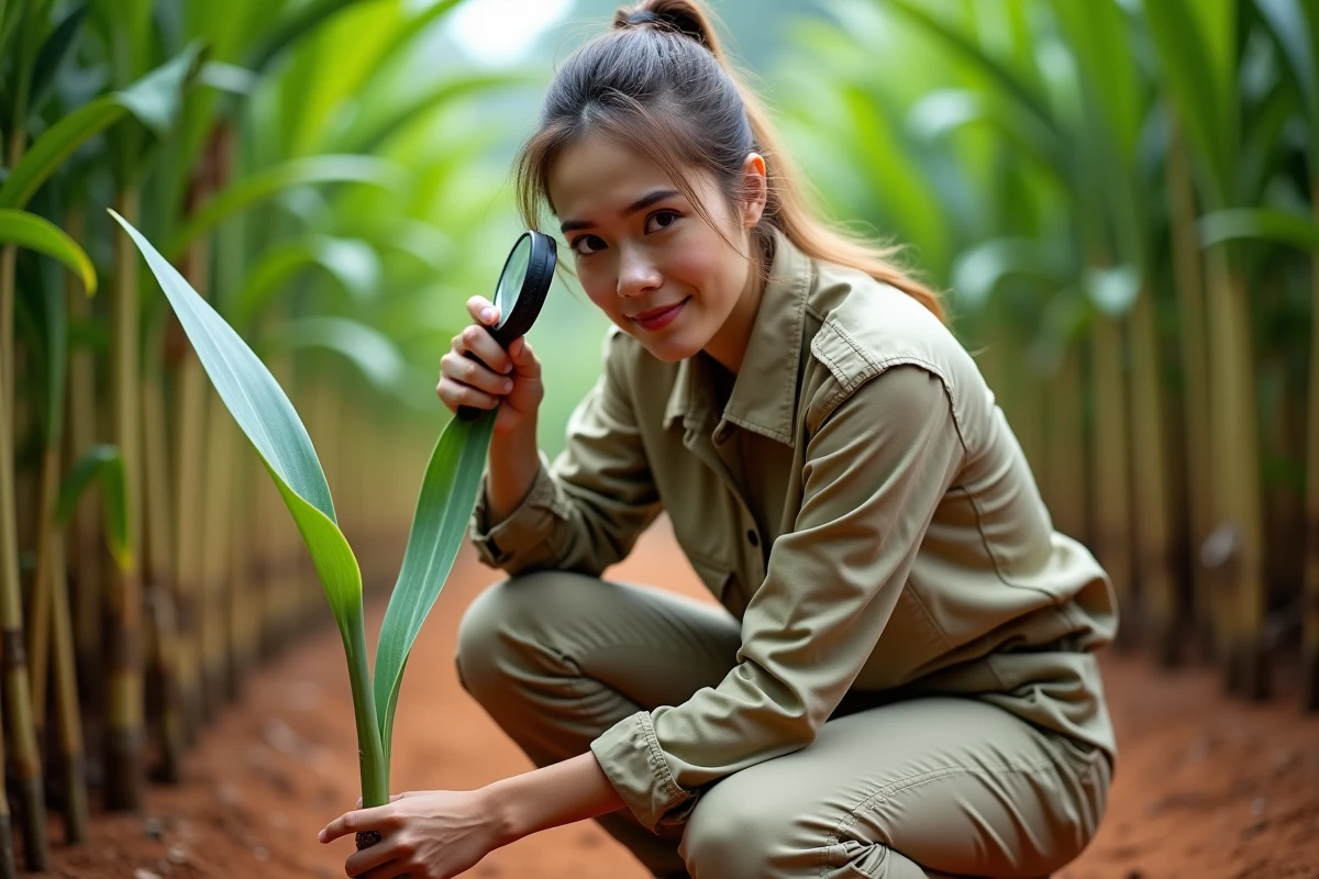 Botaniste étudiant une feuille de canne à sucre, plante C4 tropicale en plantation lors d'une session de terrain estivale