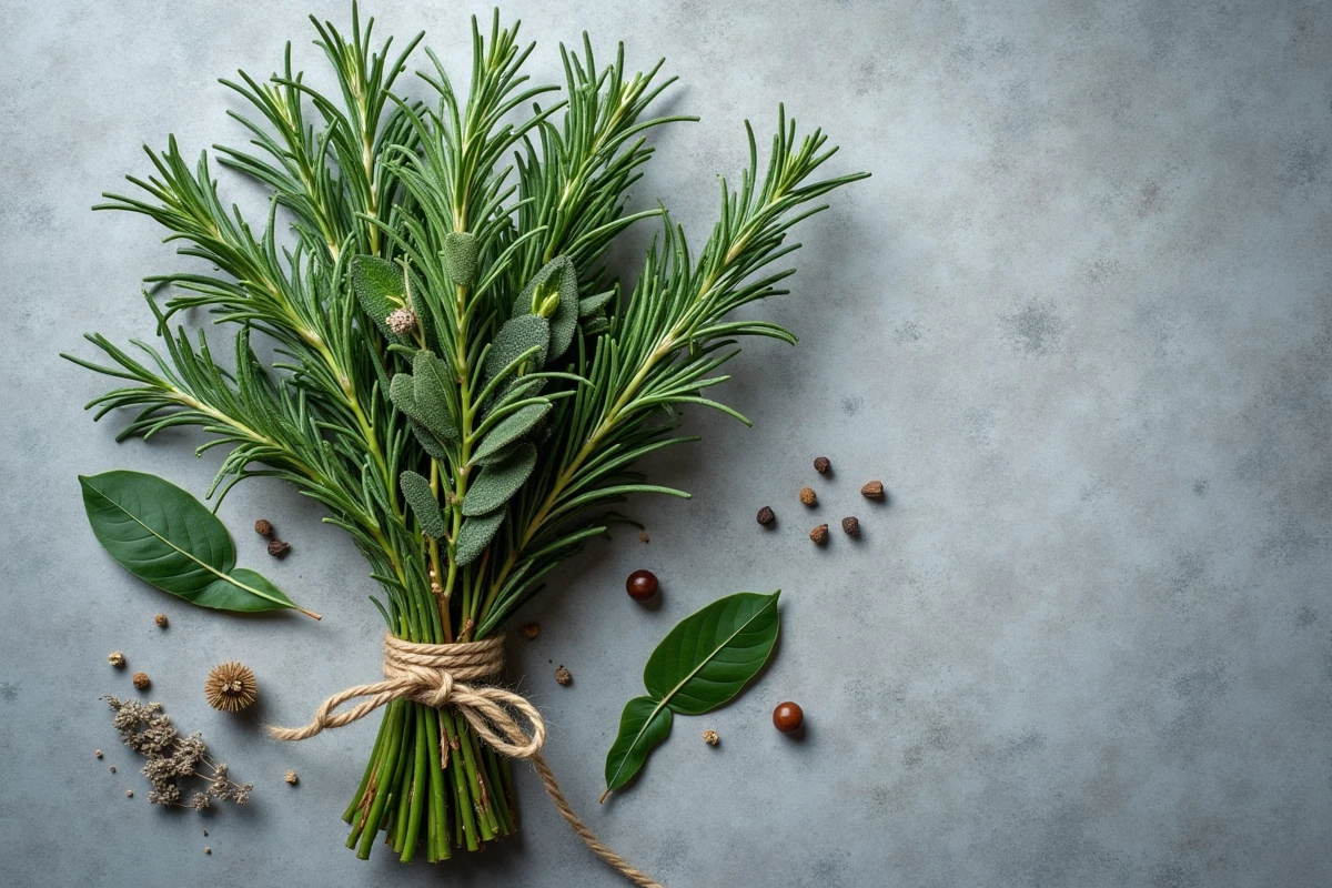 Vue du dessus d'un bouquet aromatique composé de romarin, sauge, thym et laurier ficelé sur un plan de travail en pierre grise avec des épices dispersées
