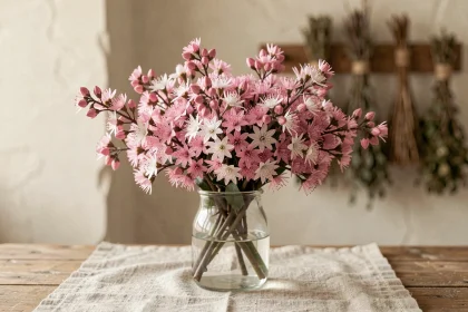 Bouquet de waxflower Chamelaucium uncinatum aux petites fleurs roses et blanches dans un vase en verre sur une table en bois rustique