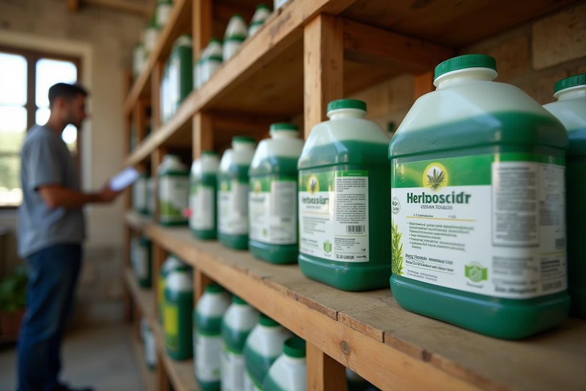 Bouteilles de glyphosate 360 sur une étagère d'un magasin agricole au Portugal avec vendeur et client en arrière-plan