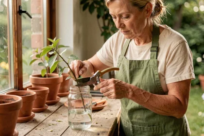 Femme en tablier de jardin réalisant un bouturage de chèvrefeuille dans un bocal en verre rempli d'eau sur un établi en bois