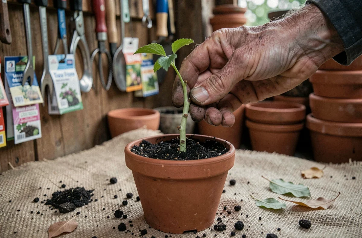 Mains expérimentées plantant une bouture de chèvrefeuille en terre dans un pot en terre cuite dans un abri de jardin