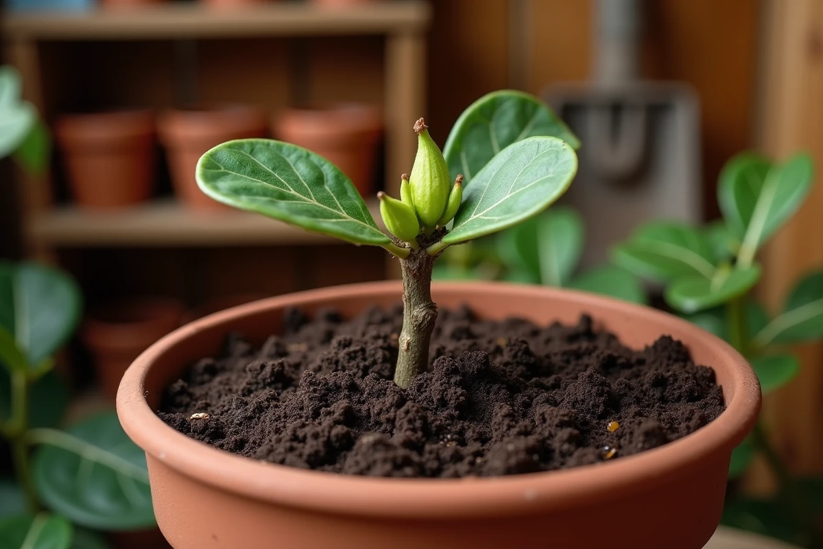 Bouture de figuier avec bourgeons plantée dans un pot en argile sur un établi en bois dans une serre rustique