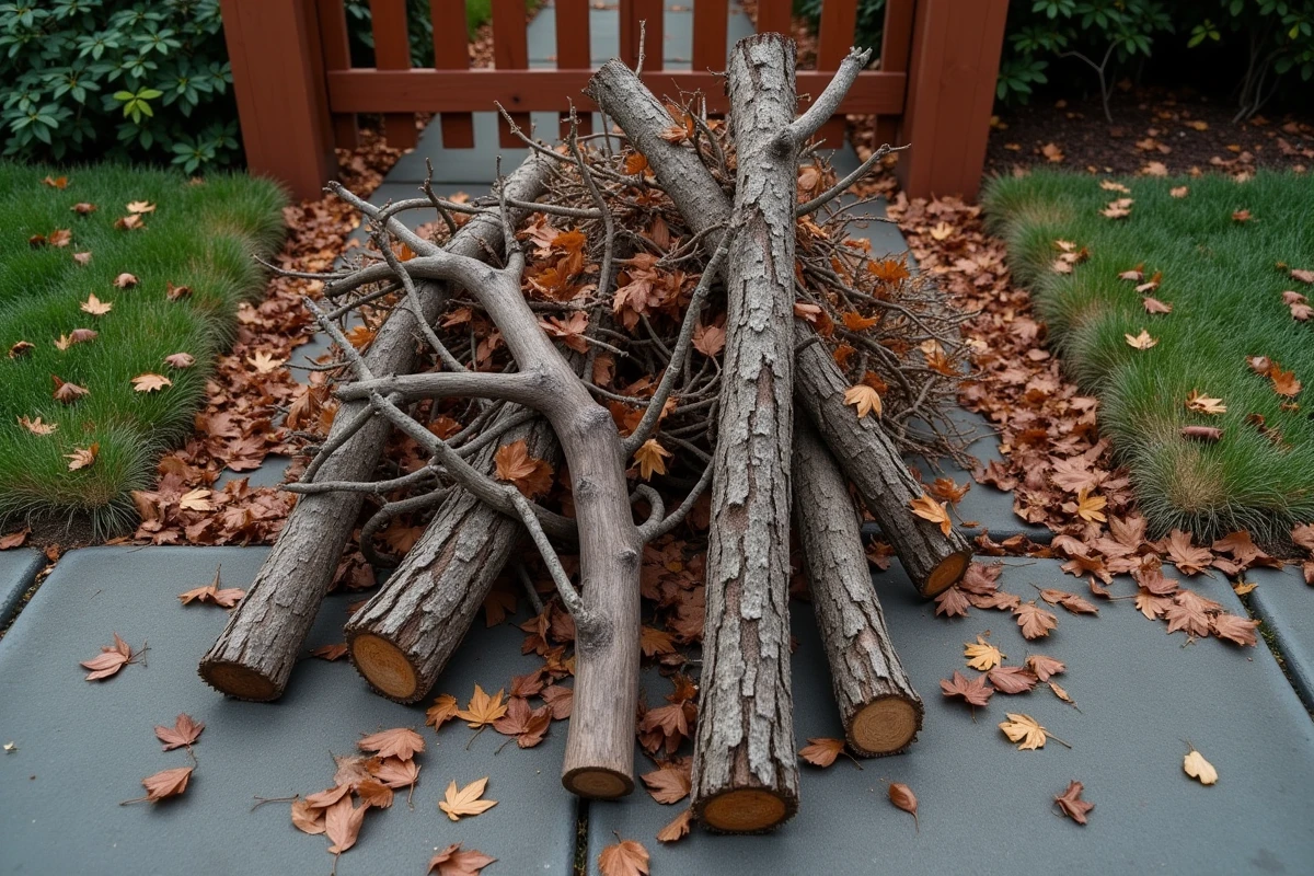 Vue en plongée d'un amas de branches tombées sur un trottoir devant une maison résidentielle