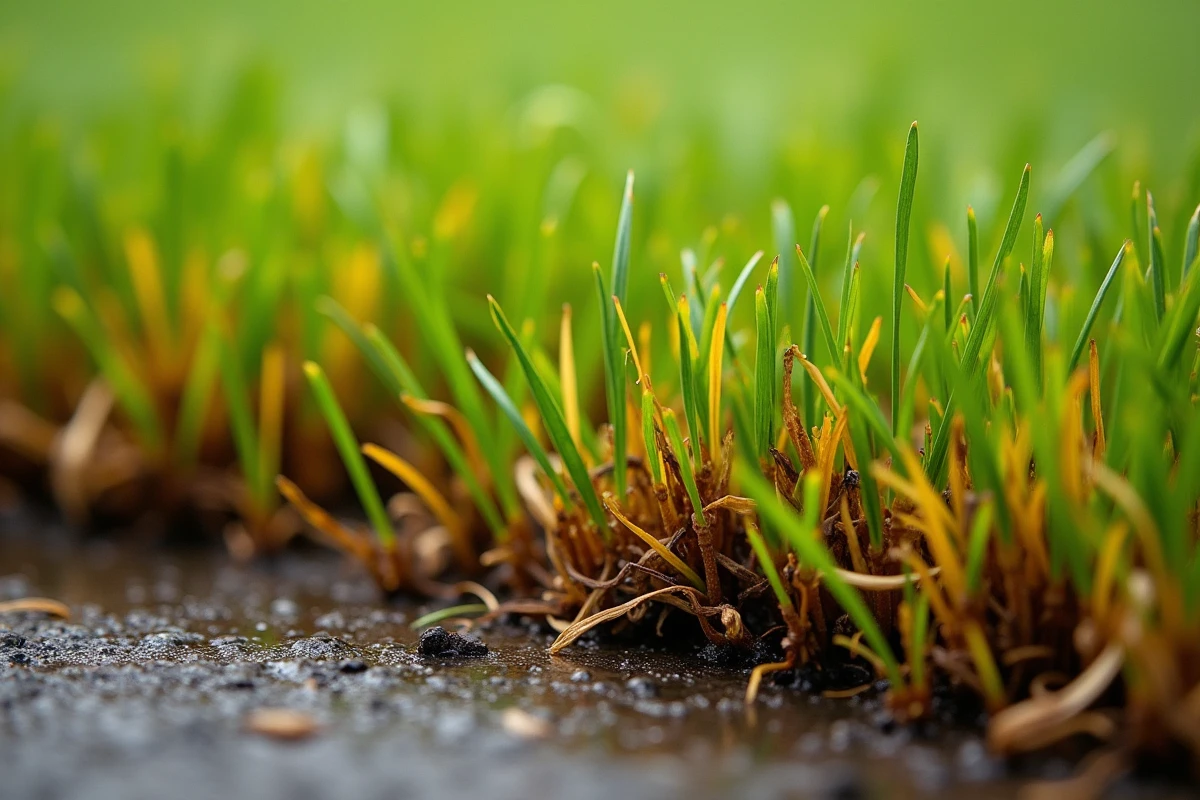 Gros plan sur des brins d'herbe jaunes et brûlés après un arrosage en plein soleil sur une pelouse en été