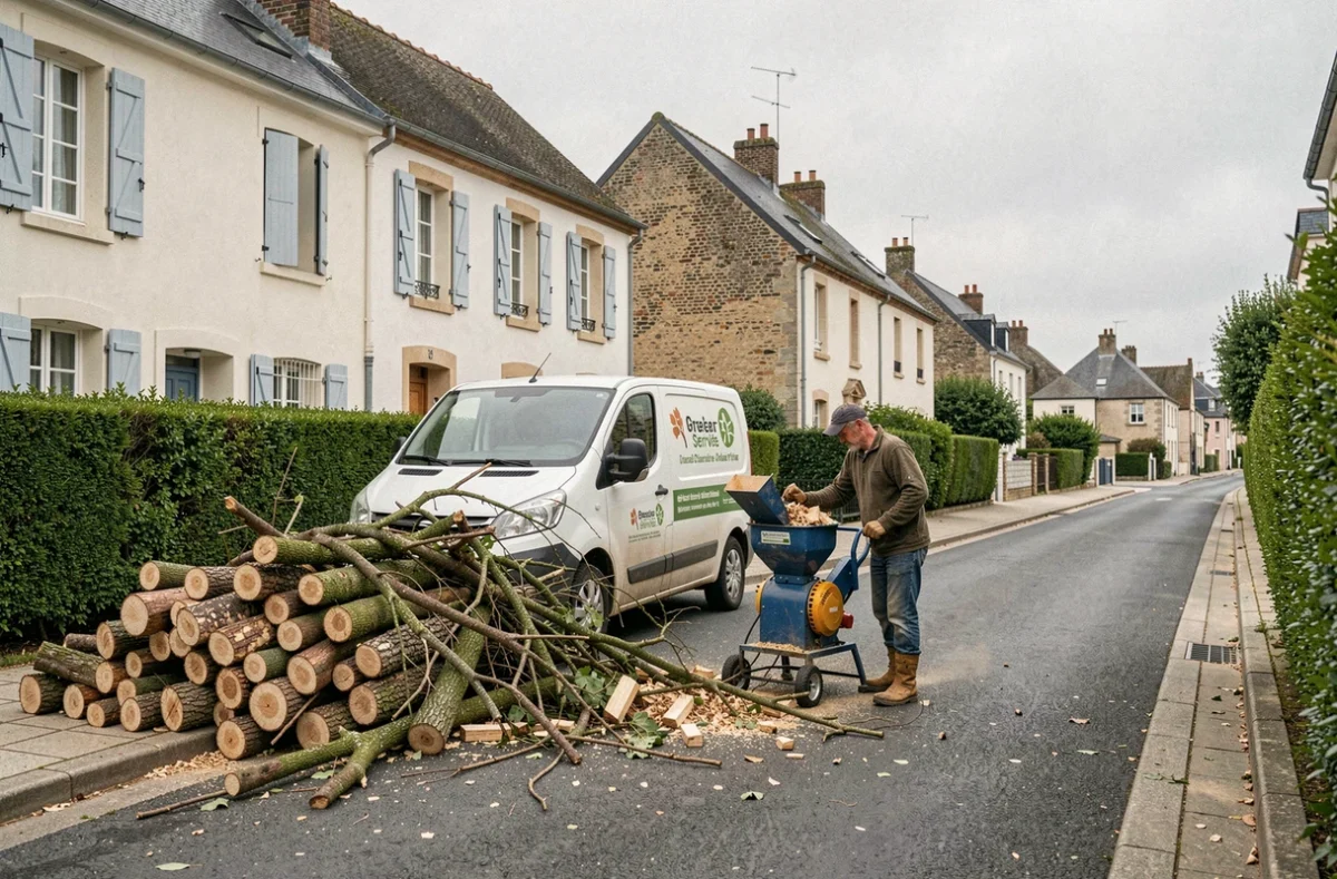 Élagueur chargeant des branches coupées dans un broyeur après une prestation d'élagage dans une rue résidentielle en Charente-Maritime
