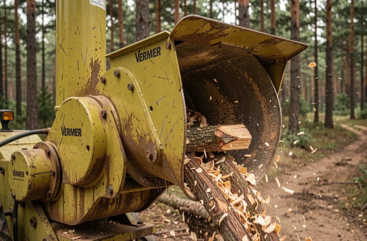 Détail du mécanisme d'alimentation d'un broyeur Vermeer avec copeaux de bois en suspension lors d'un chantier forestier
