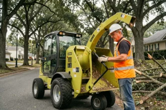 Arboriste professionnel utilisant un broyeur Vermeer lors d'une opération d'élagage en milieu résidentiel