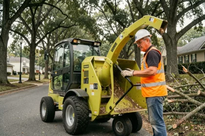 Arboriste professionnel utilisant un broyeur Vermeer lors d'une opération d'élagage en milieu résidentiel