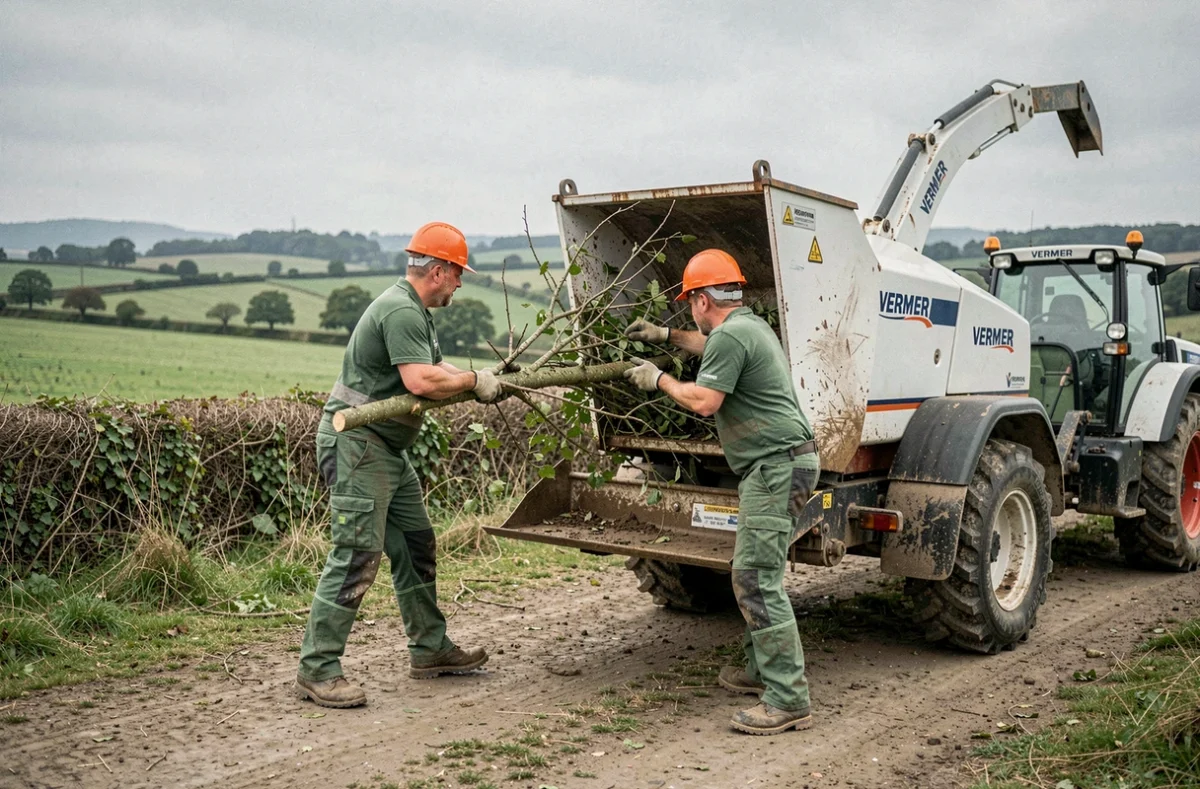Deux ouvriers forestiers chargeant des branches dans un broyeur Vermeer tracté lors d'un chantier d'élagage en milieu rural