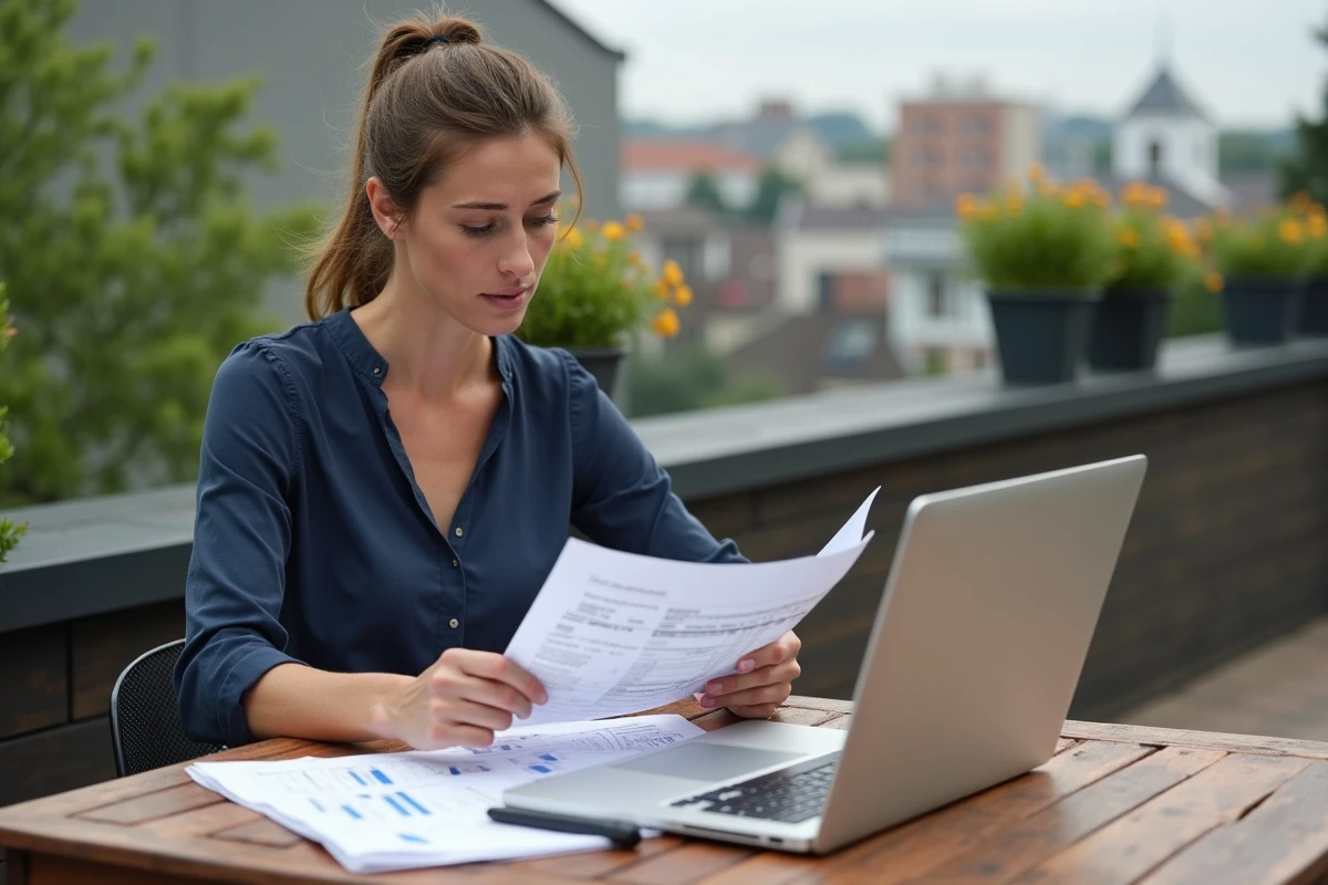 Femme consultant des devis de rénovation de terrasse en bois composite sur une terrasse urbaine aménagée