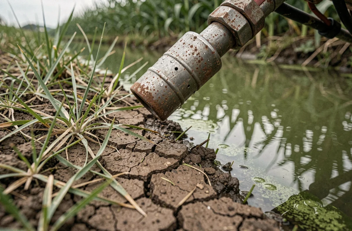 Gros plan d'une buse de pulvérisateur agricole près d'un canal d'irrigation, illustrant les risques de traitement herbicide à proximité de l'eau