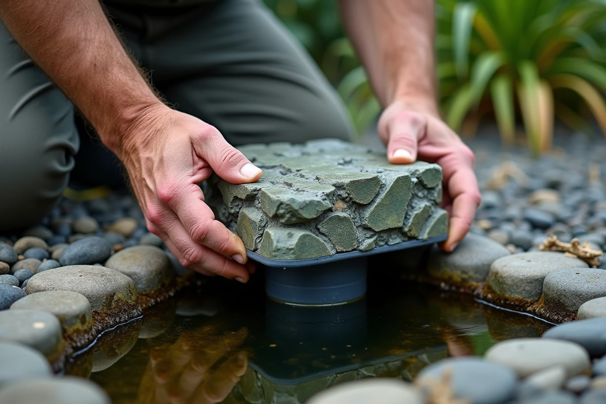 Gros plan sur la pose d'un cache en fausse pierre sur un filtre de bassin de jardin